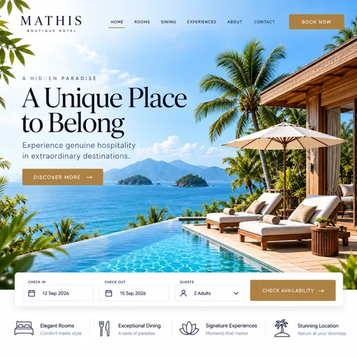 A hotel homepage headline reading "A Unique Place to Belong" over a pool and ocean view
