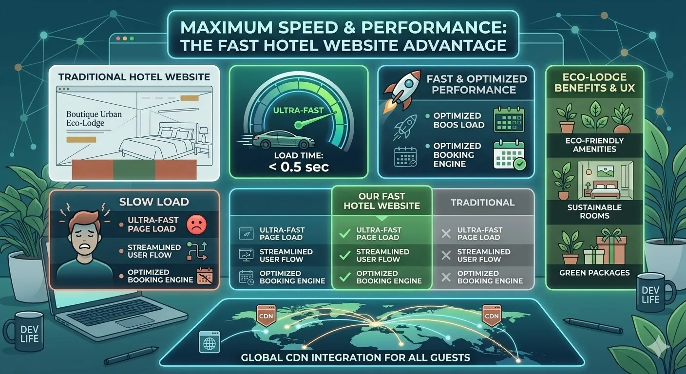 Infographic comparing a fast hotel website with a traditional one: page load, booking engine and a global CDN