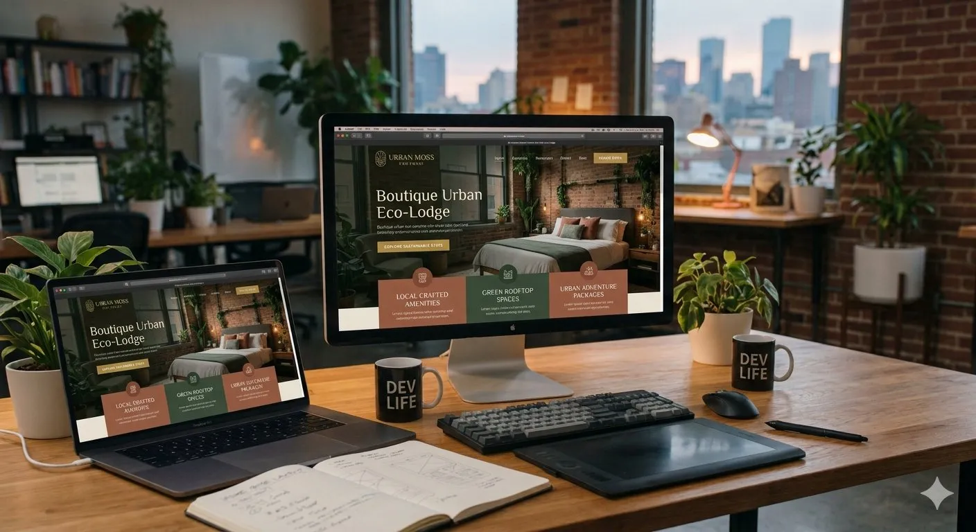 Contoh website hotel butik yang tampil di layar desktop dan laptop