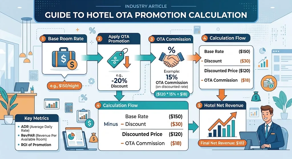 Infographic of the OTA promotion calculation flow: base room rate, promotion discount, OTA commission and hotel net revenue